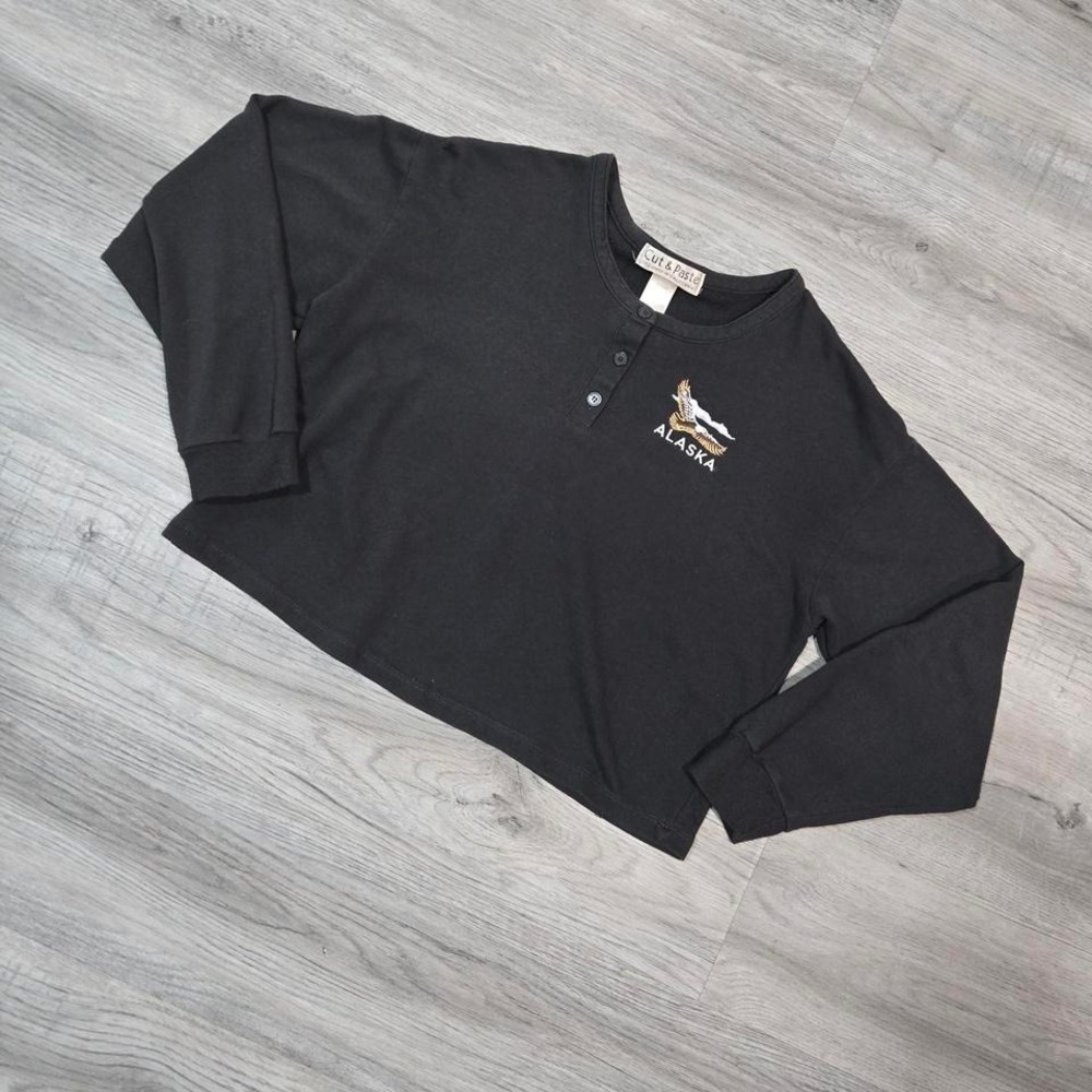 Cut & Paste Alaska Embroidered Henley Sweatshirt Black Women's M Long Sleeve